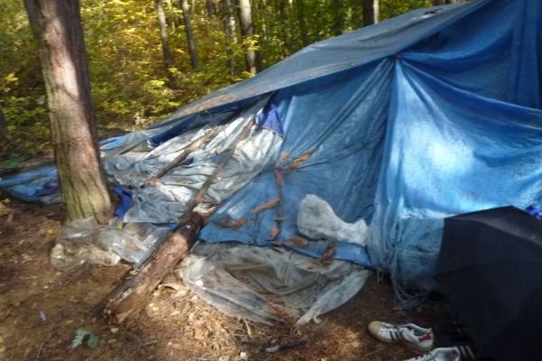 Bezdomovci se usadili ve stanech v lese nad Seneckým rybníkem